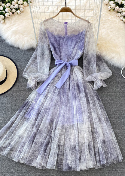 Purple O-Neck Bow Tulle Long Dress Puff Sleeve AJ1038