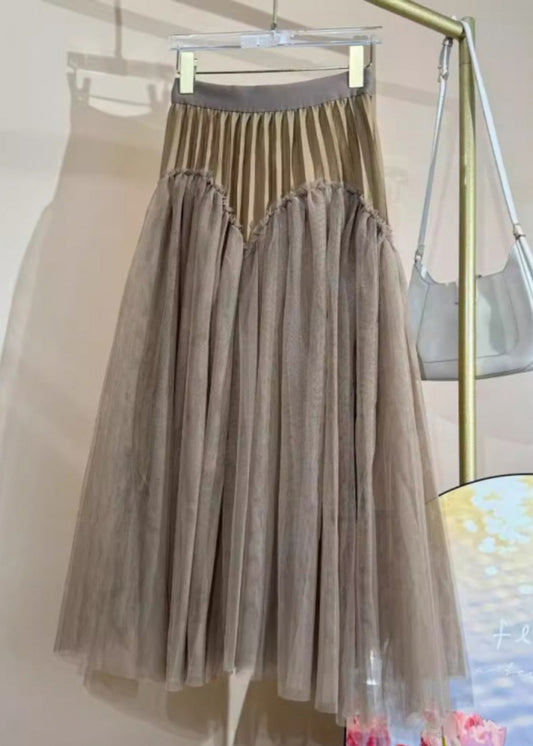 Loose Khaki Ruffled Side Open Tulle Skirt Spring RV018