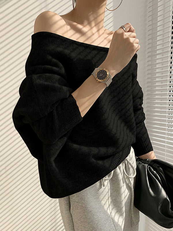 Casual White Off-The-Shoulder Long Sleeves Asymmetric Hem Sweater QX007