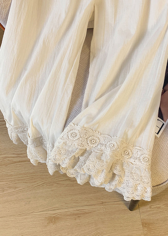 Sommer Gerade Spitze Hosen Beige Einzigartige Patchwork Taille Elastische 