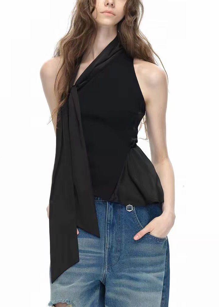 Stilvolle schwarze One-Shoulder-Bluse mit Schleife und Patchwork aus Baumwolle, ärmellos, EE002 