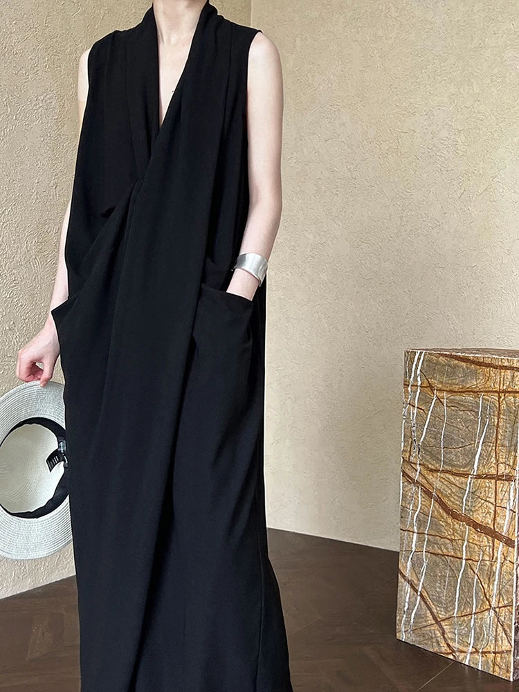 Pockets with Draped Sleeveless Dress Elegant Midi