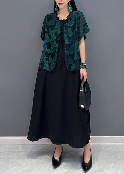 Handmade Green O-Neck Print Fake Two Pieces Long Dress Summer AO1048