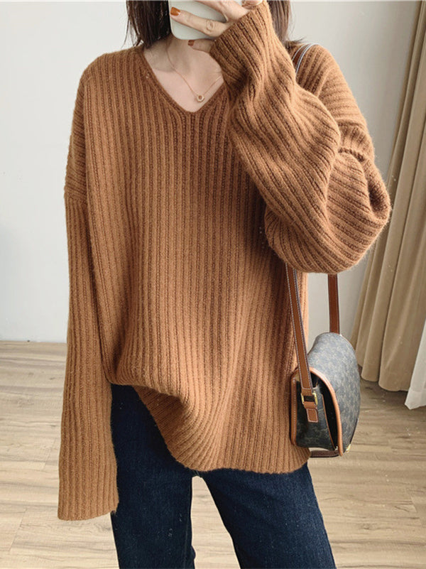 Vintage Caramel V-Neck Long Sleeves Striped Knit Sweater QX001