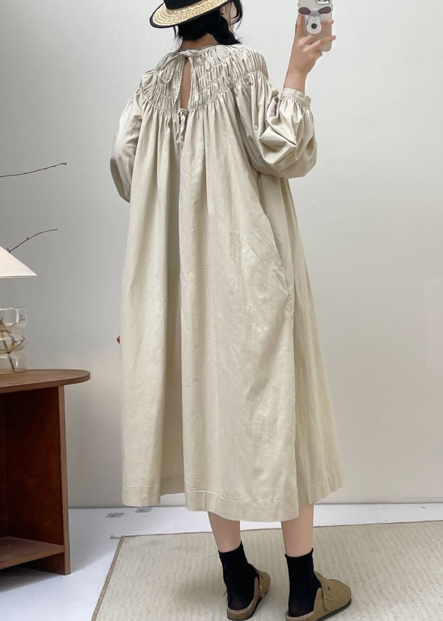 Robe en coton uni beige à lacets et manches longues NN044