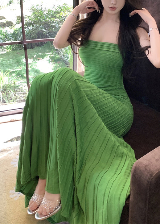 New Dresses Wrinkled knitting Long Cotton Green Strapless