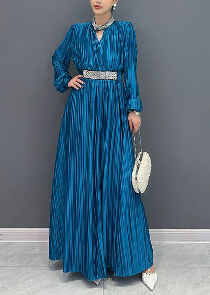 Elegant Blue V Neck Wrinkled Maxi Dress Long Sleeve AO1037