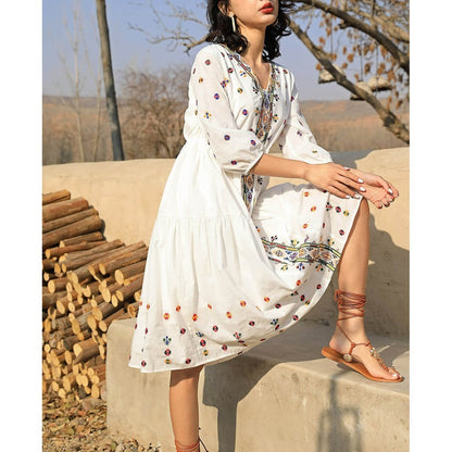 Boho White V-neck Floral Embroidery Lace-up Three-quarter Sleeves Dress AR1020