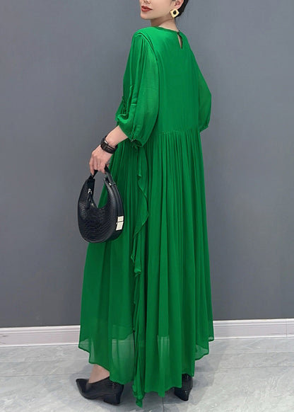 Handmade Green O-Neck Ruffled Wrinkled Vacation Chiffon Maxi Dresses Lantern Sleeve AO1027