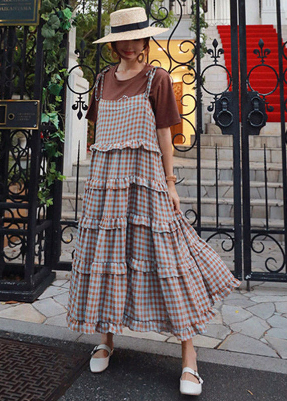 Blue Patchwork Sleeveless Plaid Ruffles Dress Long