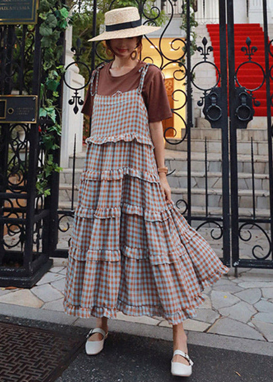 Blue Patchwork Sleeveless Plaid Ruffles Dress Long