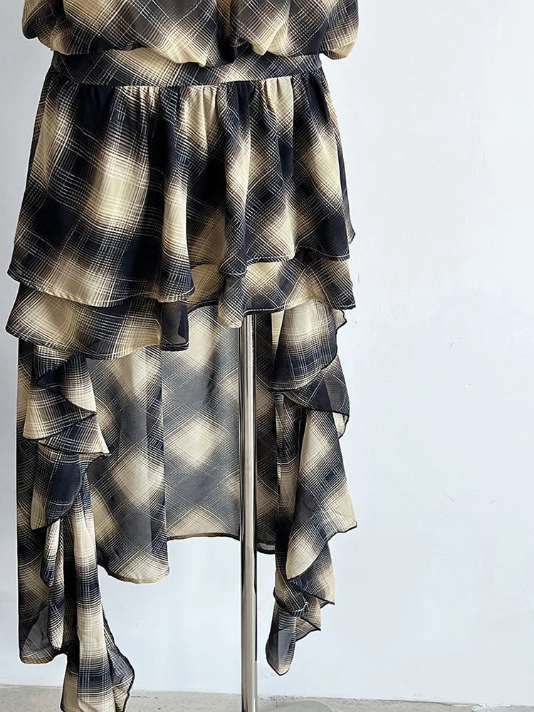 Asymmetrisches Khaki Plaid Neck Sleeveless Top High-Low Uniaue Halter 