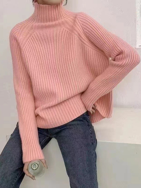 Casual Pink High-Neck Long Sleeve Knit Sweater AN1058