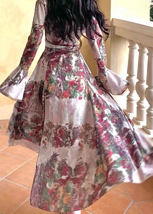 Robe en coton à imprimé col en V et taille nouée à manches évasées TT1039 