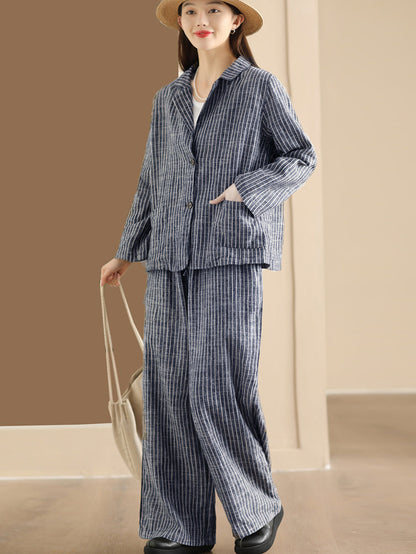 Plus Size Women Vintage Stripe Spring Linen Shirt+Pants II1057