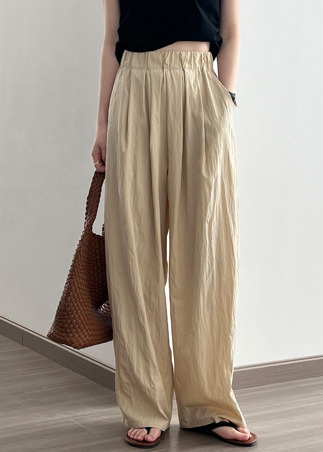 Women Khaki High Waist Wrinkled Cotton Wide Leg Pants Fall AF104