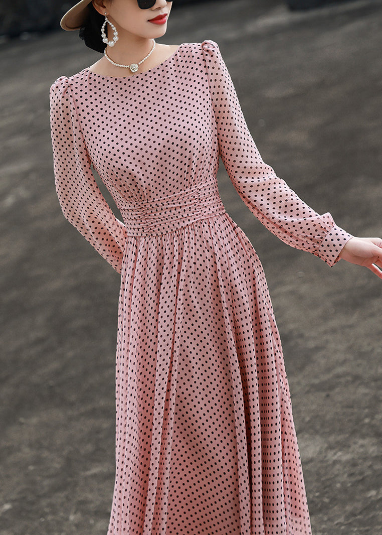 Sleeve Neck Pink Slim Fit Dresses Dot Long O Chiffon