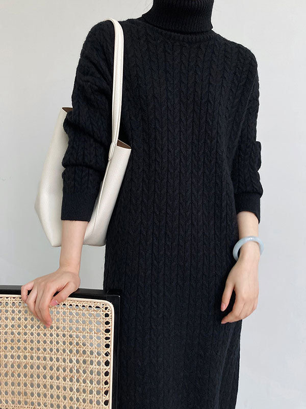 Casual Grey High-Neck Long Sleeve Twist Knit Dress AN1053