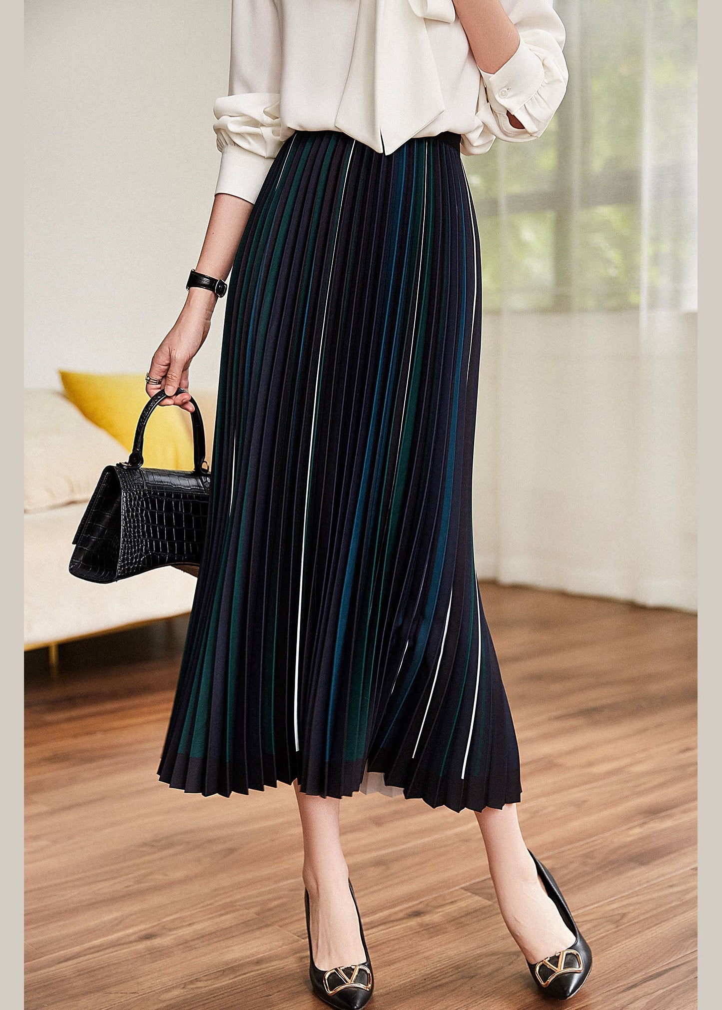 Classy Black Elastic Waist Striped Silk Pleated Skirt Spring AJ1004