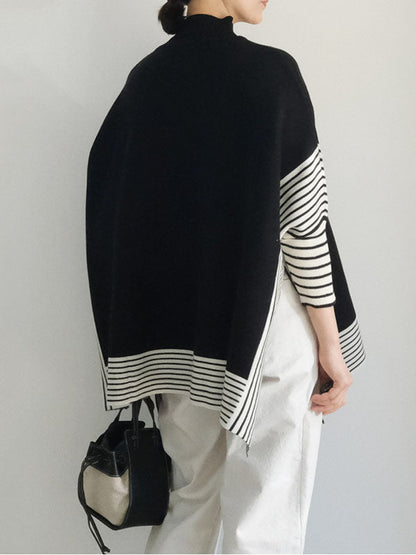 Design Loose High Neck Split-Side Striped Batwing Sleeve Sweater QX010