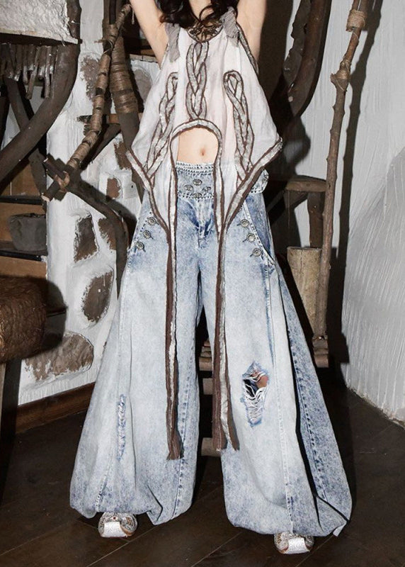 Hose Frühling Weites Blaues Bein Denim Style Leichte Taille Hoch Zerrissen 