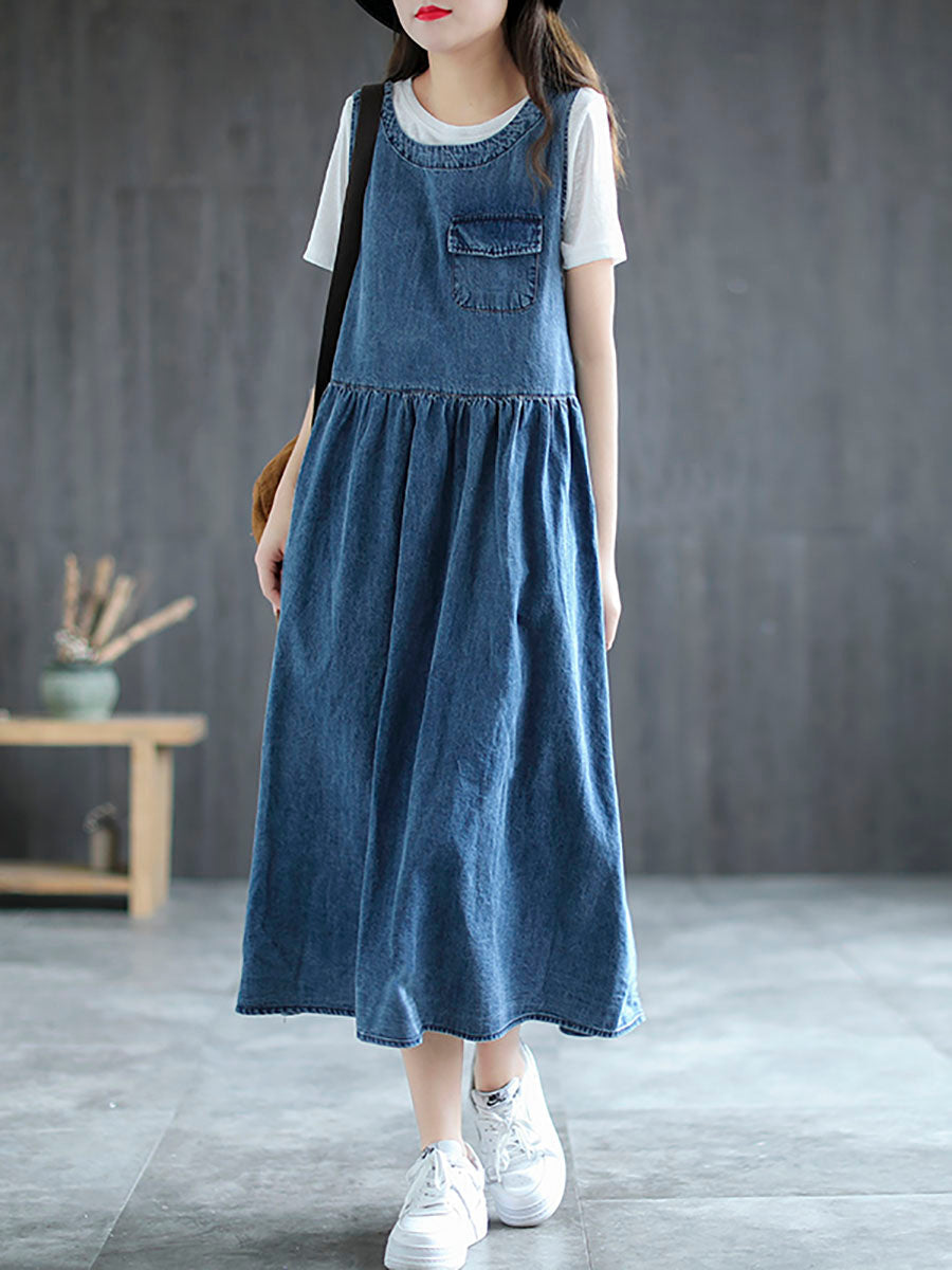 Plus Size Denim Pleated Long Sleeveless Pinafore Dress AI1083