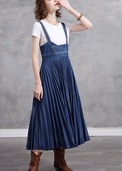 Stylish Blue Patchwork Spaghetti Strap Pleated Denim Dress Summer NN014