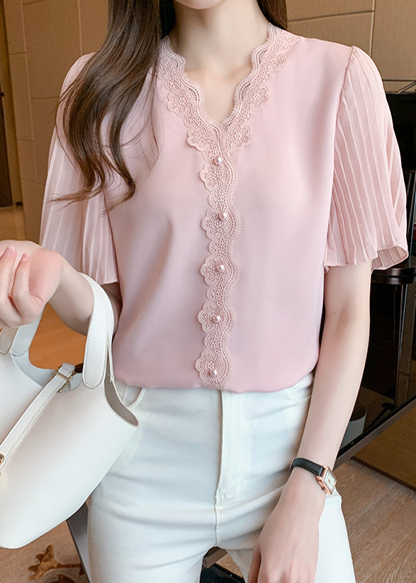 Patchwork Sommer Chiffon Italienische Nagelperlen Shirt Top Spitze Rosa 
