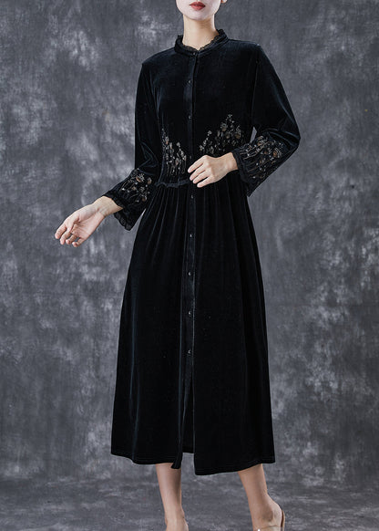 Bohemian Black Embroideried Ruffled Silk Velour Dress Spring