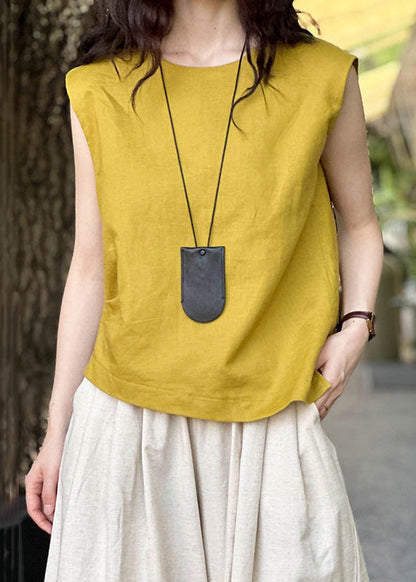 Simple Yellow O Neck Solid Linen Top Sleeveless AF1016