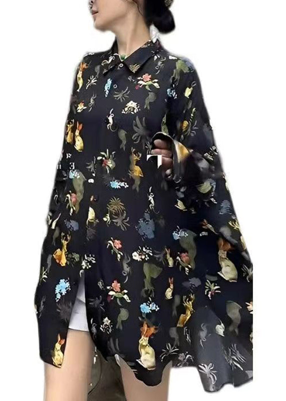 Mode Schwarz Peter Pan Kragen Druck Taste Chiffon Hemd Langarm TT1043