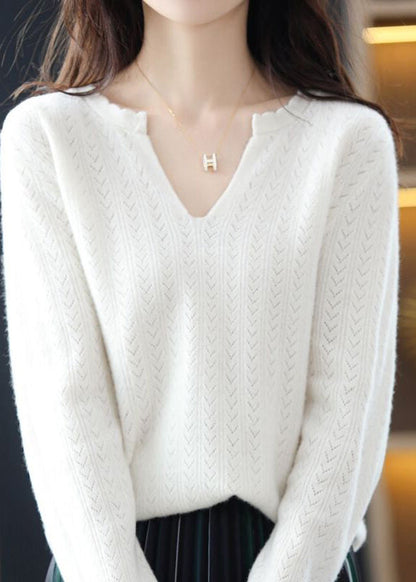 Simple White V Neck Ruffled Cotton Knit Sweaters Fall QP019