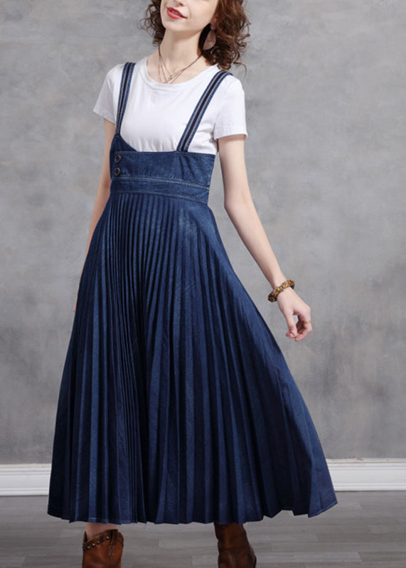 Stylish Blue Patchwork Spaghetti Strap Pleated Denim Dress Summer NN014