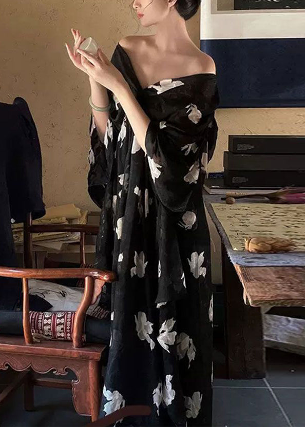 Stylish Black V Neck Print Chiffon Long Dress Half Sleeve QP027