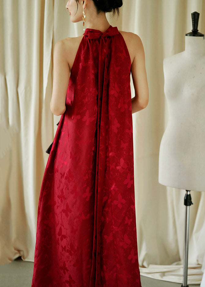 Cotton Sleeveless Jacquard Bow Maxi Red Loose Dresses