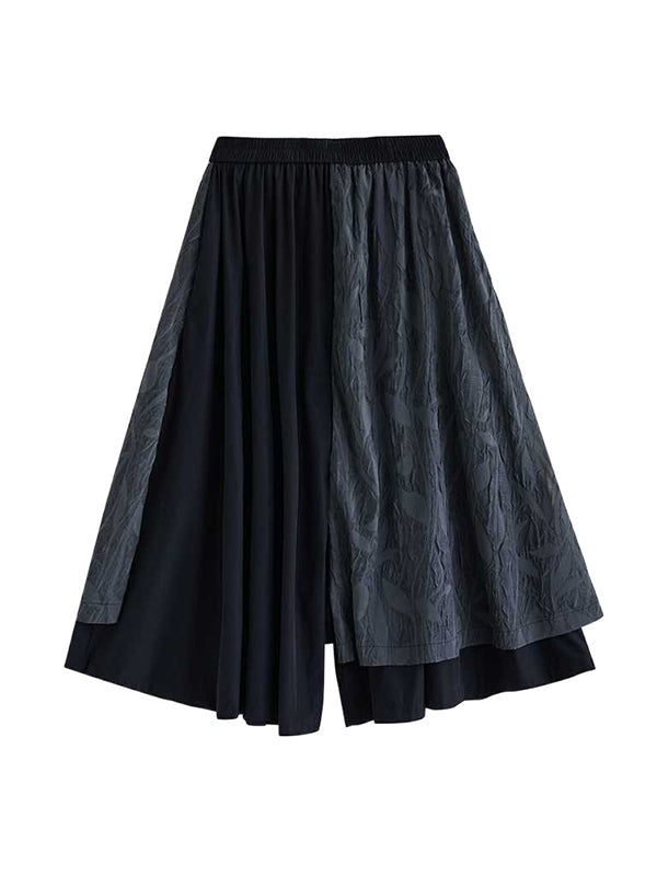 Vintage Black Loose High Waisted Pockets Patchwork Jacquard Texture Wide Leg Pants Culotte WS002