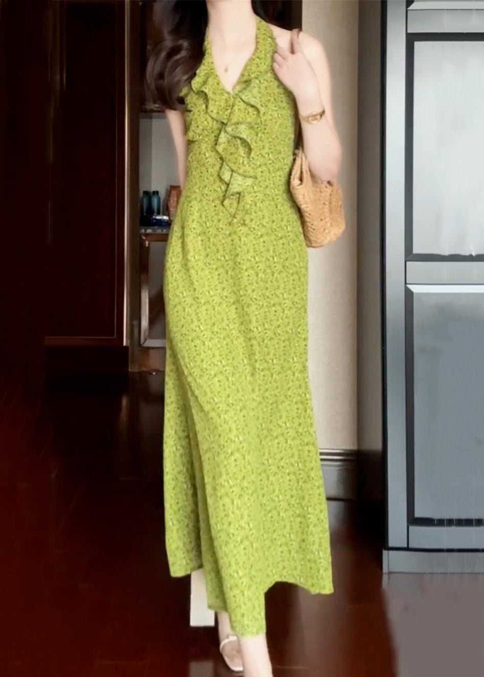 New Ruffled Print Dress Cotton Green Sleeveless Long