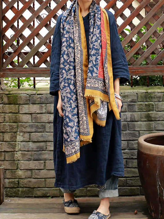 Women Vintage Floral Colorblock Raw-edge Shawl Scarf AT1088