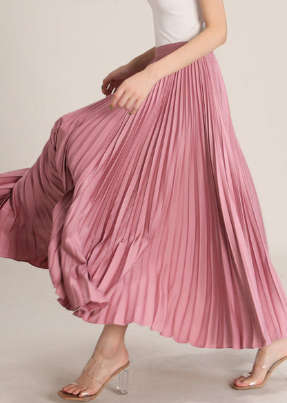 Pink Solid High Waist Silk Pleated Skirt Zippered RV014