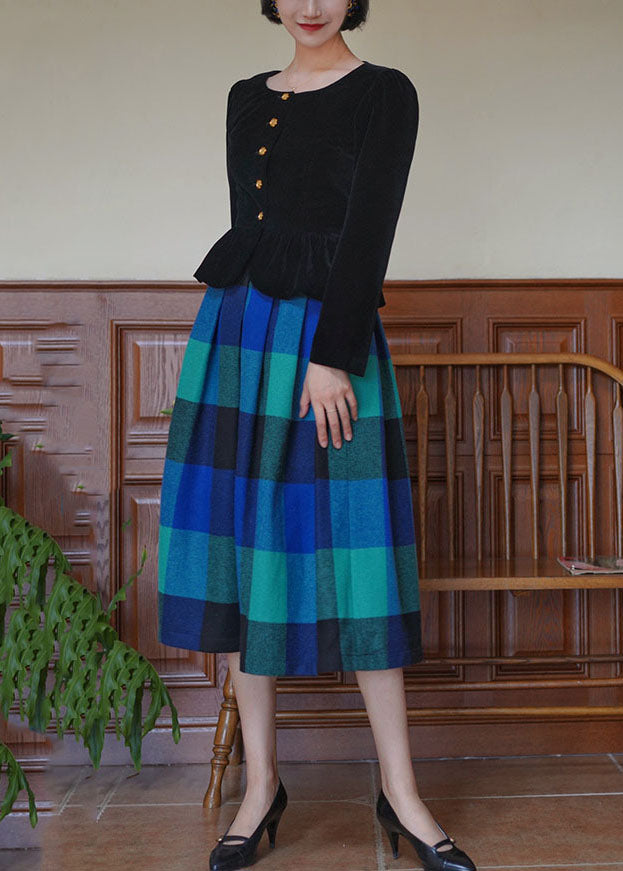 Unique Blue High Waist Plaid Wool Pleated Skirt Spring AJ1001