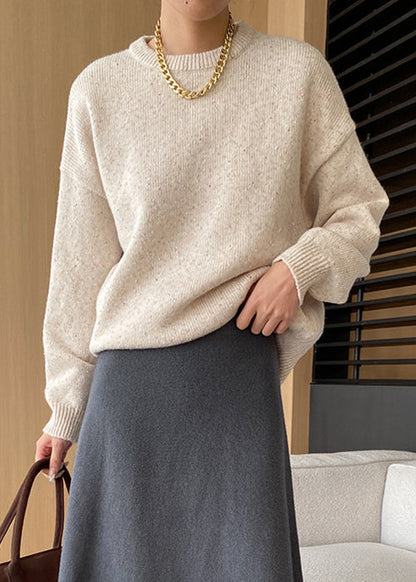 Loose Apricot O Neck Solid Cozy Knit Sweaters Fall AF1011