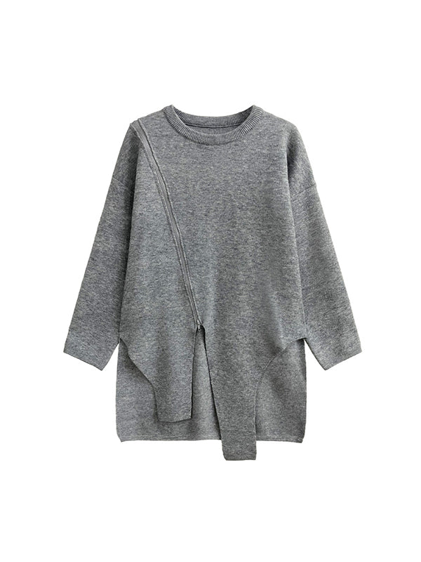 Street Grey Round-neck Zipper Decor Irregular High-low Hem Long Sleeve Sweater AN1067