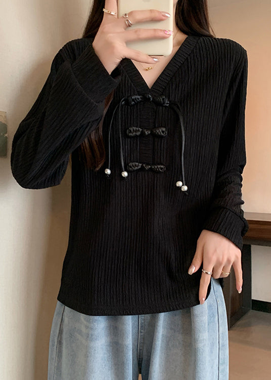 Black Patchwork Cotton Shirt Top V Neck Tassel Fall QC036