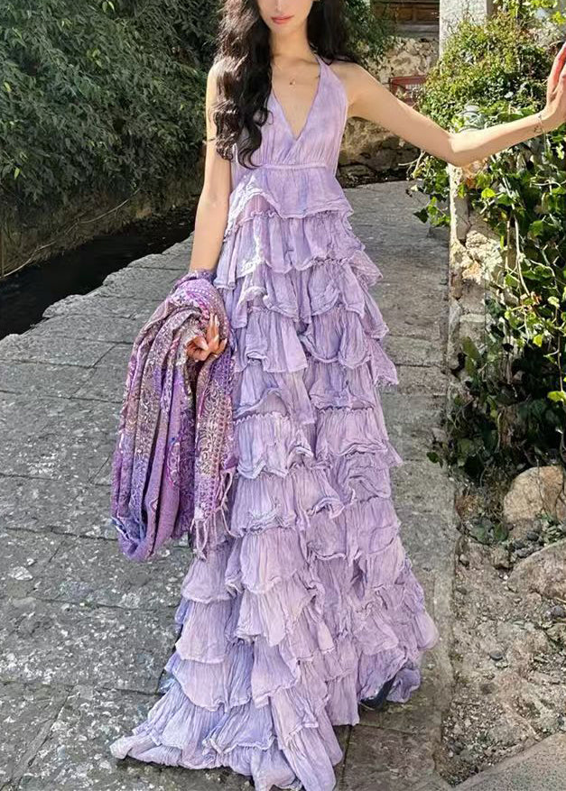 Dresses Maxi Sexy Neck Sleeveless Cotton Purple V Backless