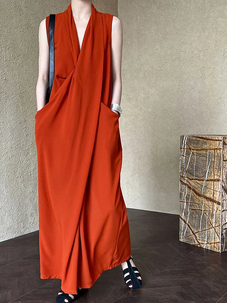 Pockets with Draped Sleeveless Dress Elegant Midi