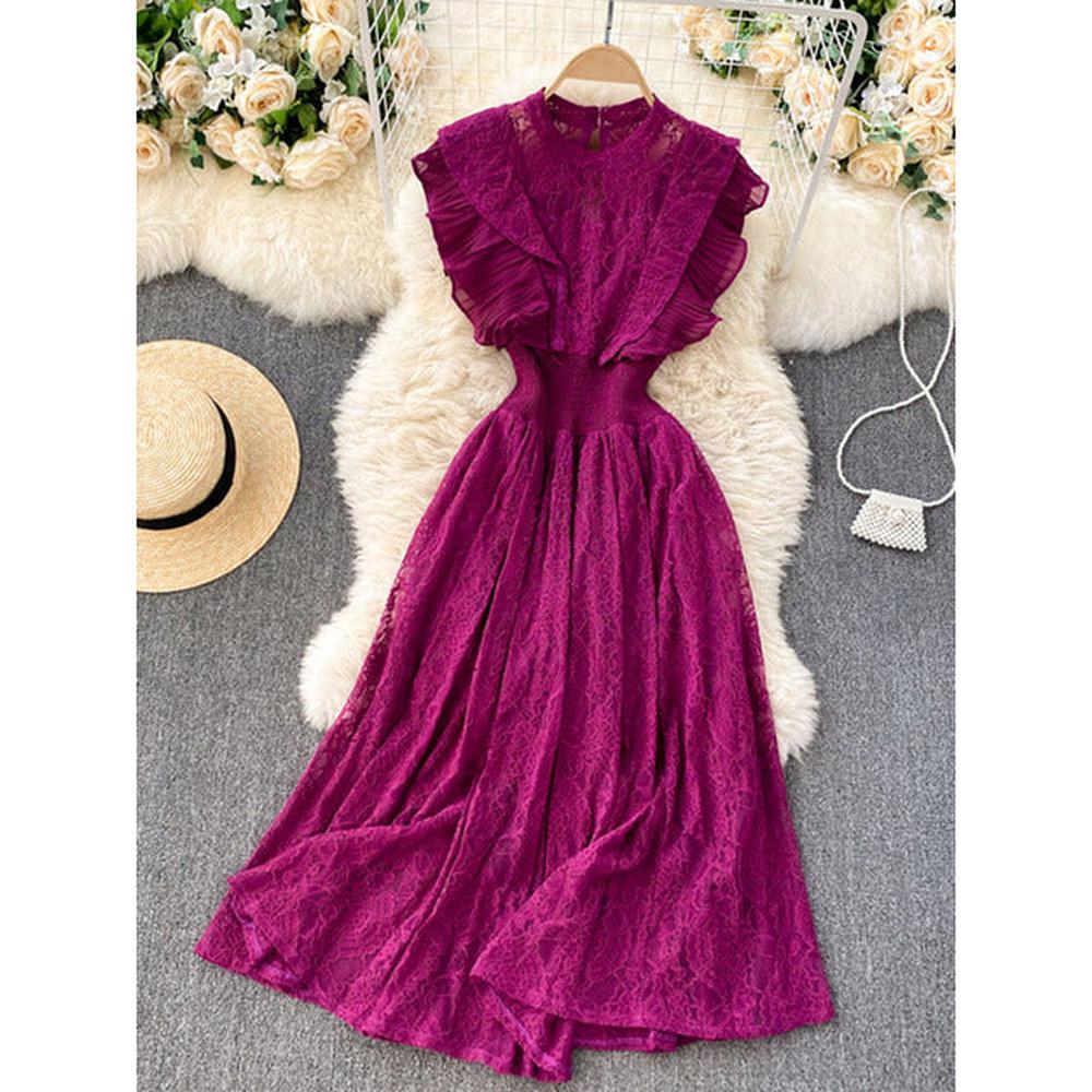 Temperament Olive Lace Ruffled Pleated Hem Flying Sleeve Dress AR1002