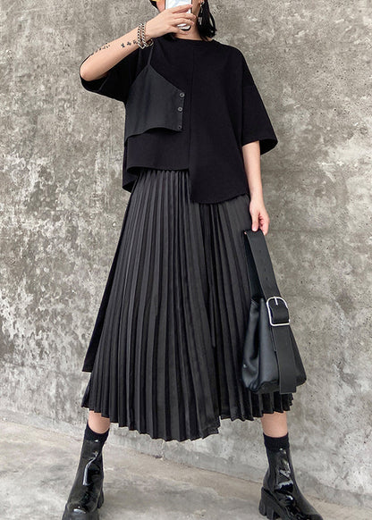 Loose Black Asymmetrical Patchwork Cotton Pleated Skirt Summer AJ1012