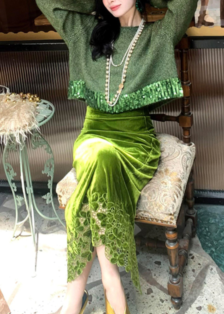 Fashion Green Hollow Out Cotton Knit Sweaters And Maxi Skirts Two Piece Set Winter WV002