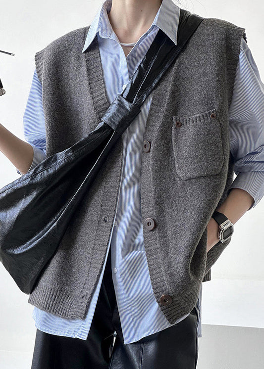 Loose Dark Gray V Neck Button Knit Vest Sleeveless AF1042