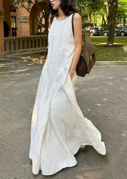 Simple Style White O Neck Cotton Long Dress Sleeveless EE051